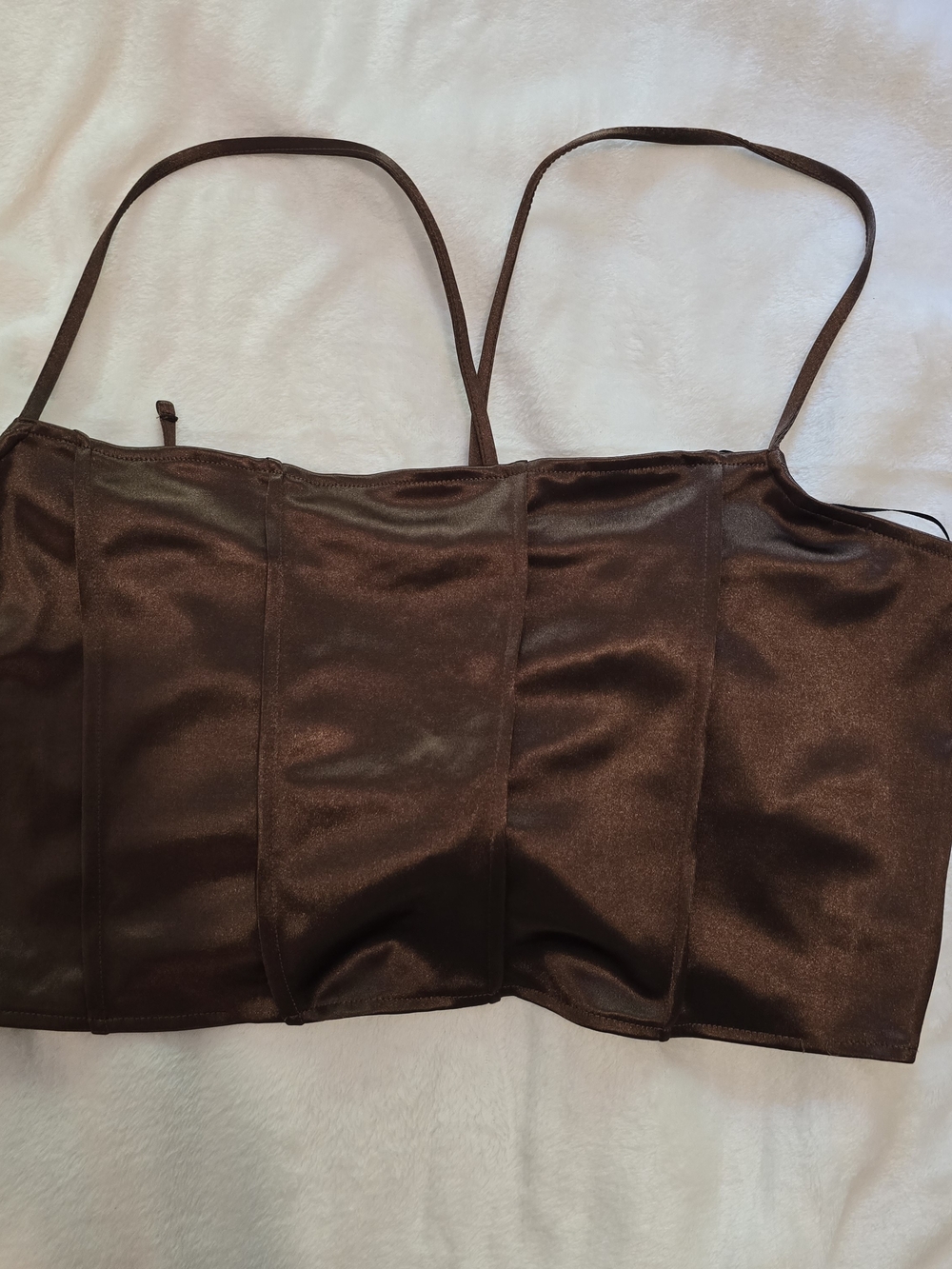 H&M Divided Brown Satin Corset Top Lace Up Back Structured Cropped Cami XL TG